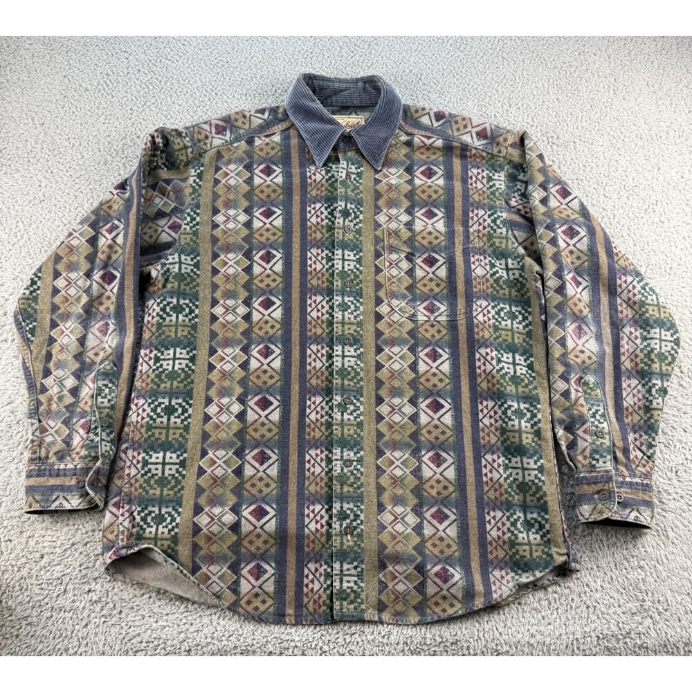 Vintage 90s Woolrich Made in USA Flannel Shirt Mens Large Aztec Corduroy Collar